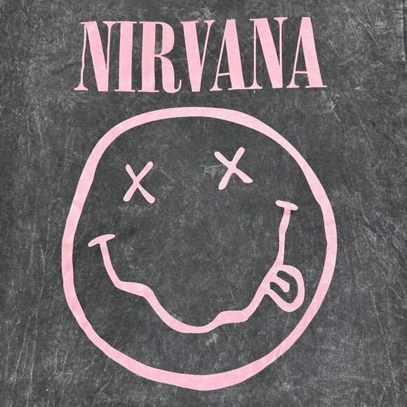 Nirvana Women Size L Black Wash‎ Pink Happy Face Graphic Print Tee T-Shirt NWT - Picture 2 of 5